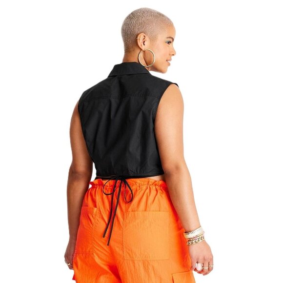 Future Collective Women Medium Cropped & Wrap Tie Waist Button Front Black Vest - Picture 2 of 5